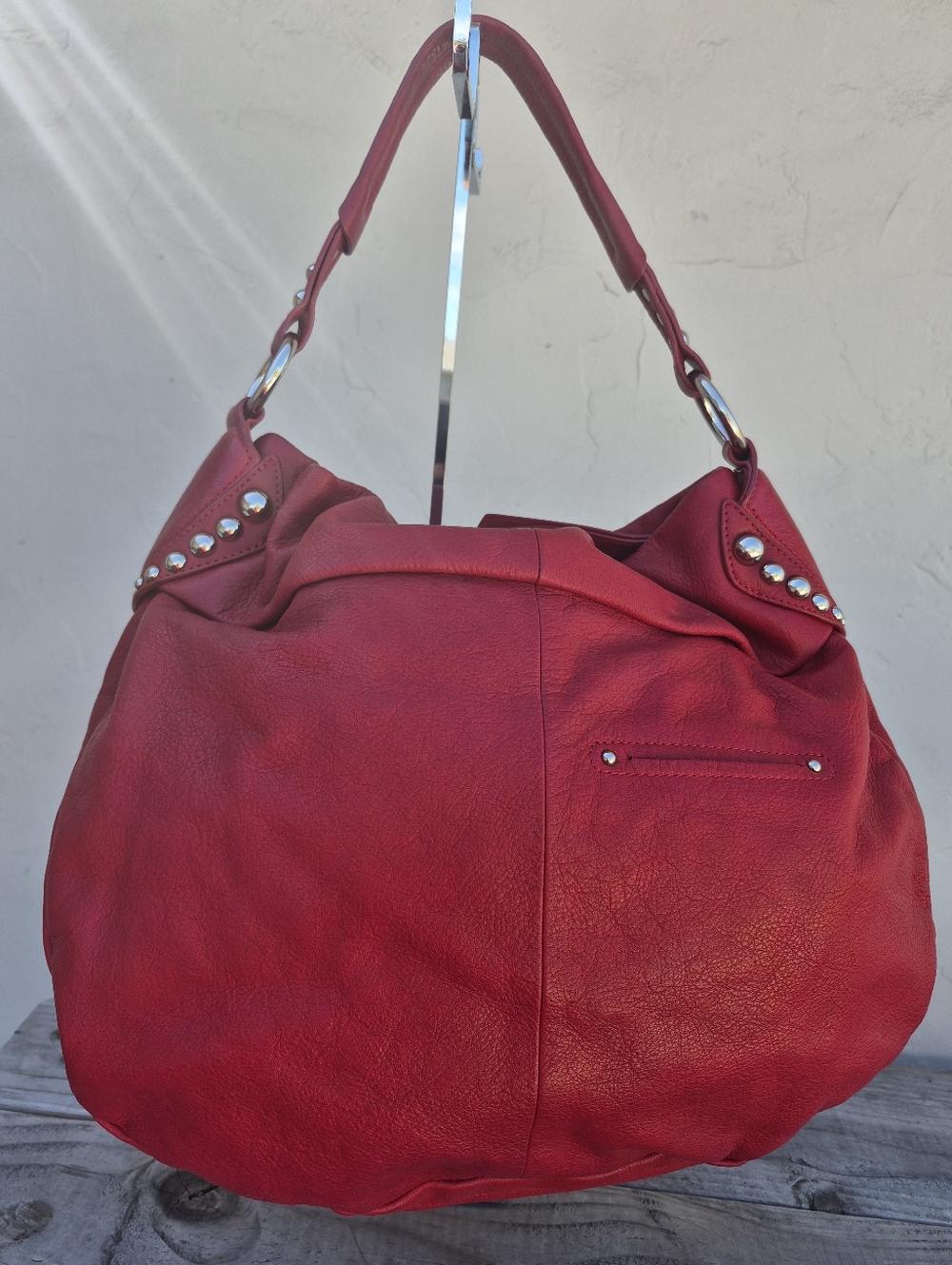 B. Makowsky Vintage Leather Studded Red Hobo Shoulder Bag - Picture 9 of 16
